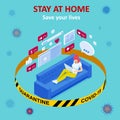 Isometric work from home. Corona virus - staying and working at home. working from home during Covid-19. Self-isolation