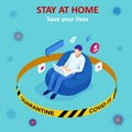 Isometric work from home. Corona virus - staying and working at home. working from home during Covid-19. Self-isolation