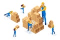 Isometric The work of movers in the warehouse, placing boxes, collecting goods. Concept for web design Royalty Free Stock Photo