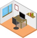 Isometric work room with a computer on a table on a white background