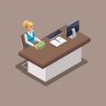 Isometric worker bank manager girl working in the office. Loan delivery in cash. Branded clothing, dress code. Beautiful well-groo