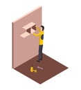 Isometric worker. Home repair isometric form with craftsman who mounts furniture. Professional people with equipment