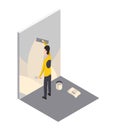 Isometric worker. Home repair isometric form with craftsman who putty or level the wall. Professional people with