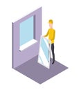 Isometric worker. Home repair isometric form with craftsman who sets the window. Professional people with equipment