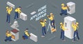Isometric workers with faulty home appliances. Vector illustration.