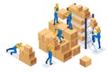 Isometric Workers in a warehouse collect boxes