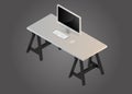 Isometric working table with computer mouse and keyboard on top