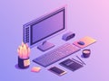 Isometric workplace with computer and office equipment. Vector illustration