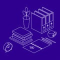 Isometric workplace outline. Books, alarm clock, notebook, pencil and cup