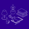 Isometric workplace outline. Books, lamp, glasses, plant, pencil and cup