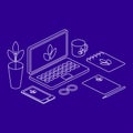 Isometric workplace outline. Laptop, phone, notebook, glasses, plant and cup