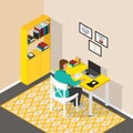 Isometric workplace in the room. Computer desk with laptop and books. The man is sitting at the table and writing.