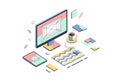 Isometric Workspace Illustration - Computer, Tablet, and Coffee Cup Royalty Free Stock Photo