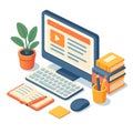 Isometric Workspace Illustration with Computer Desk Accessories and Plant Pot as Creative Work Environment for Productive Study or Royalty Free Stock Photo