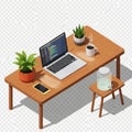 Isometric workspace setup with laptop coffee plants and phone on wooden desk Royalty Free Stock Photo