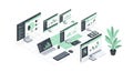 Isometric workspace showing multiple monitors, laptop displaying data charts Royalty Free Stock Photo