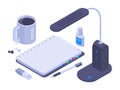 Isometric workspace vector concept. Notebook, stationery, coffee cup, lamp, personal workplace with office equipment 3d vector