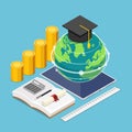 Isometric world and graduation cap on the digital tablet with stationary Royalty Free Stock Photo