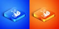 Isometric Wudhu icon isolated on blue and orange background. Muslim man doing ablution. Square button. Vector