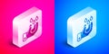Isometric Wudhu icon isolated on pink and blue background. Muslim man doing ablution. Silver square button. Vector