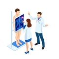 Isometric X-ray machine for scanning human body. Doctor checking examining chest x-ray film of patient. Roentgen of