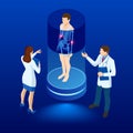 Isometric X-ray machine for scanning human body. Doctor checking examining chest x-ray film of patient. Roentgen of Royalty Free Stock Photo