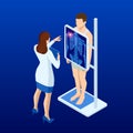 Isometric X-ray machine for scanning human body. Doctor checking examining chest x-ray film of patient. Roentgen of Royalty Free Stock Photo