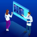 Isometric X-ray machine for scanning human body. Doctor checking examining chest x-ray film of patient. Roentgen of Royalty Free Stock Photo