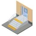 Isometric yellow braille block and gray stairs for blind handicap. Yellow tactile pavement for the visually impaired on