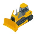 Isometric Yellow Bulldozer excavator, isolated on white background. Vector illustration bulldozer icon Royalty Free Stock Photo