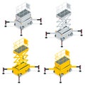 Isometric Yellow Engine Powered Scissor Lift isolated on white background. Vector illustration in a flat style. Modern Royalty Free Stock Photo