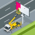 Isometric Yellow Engine Powered Scissor Lift. Worker with the help of an automobile tower change a poster on a billboard