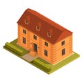 Isometric yellow mansion on the lawn with bushes Royalty Free Stock Photo