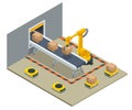 Isometric yellow robotic arm carry cardboard box in warehouse. Automated warehouse. Autonomous robot transportation in