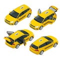 Isometric yellow taxi car with open and closed doors back and front view isolated on white. Icon taxi car set Royalty Free Stock Photo