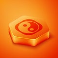 Isometric Yin Yang symbol of harmony and balance icon isolated on orange background. Orange hexagon button. Vector Royalty Free Stock Photo