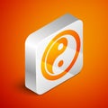 Isometric Yin Yang symbol of harmony and balance icon isolated on orange background. Silver square button. Vector Royalty Free Stock Photo