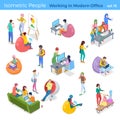 Isometric young casual people creative team hipster working in modern IT office at home vector illustration set. Brainstorming