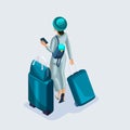 Isometric young girl at the airport and waiting for her flight, documents, suitcases and things for travel and travel