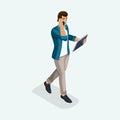 Isometric a young man goes ahead, business negotiations by phone and tablet. The emotional gestures of the people