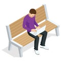 Isometric young man is sitting on a bench with a laptop and resting, front view, isolated on white background