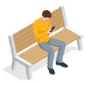 Isometric young man sitting and using mobile phone sitting on a bench and resting , front view, Isolated on white