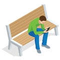 Isometric young man sitting and using mobile phone sitting on a bench and resting , front view, Isolated on white