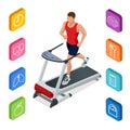 Isometric young man in sportswear running on treadmill at gym. Fitness and Health icons. Running machine or track