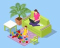 Isometric young mother works remotely from home, child playing in the room. Young woman working from home, while in