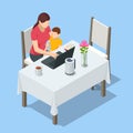 Isometric young mother works remotely from home, child playing in the room. Young woman working from home, while in