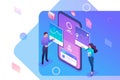 Isometric young people stand near the mobile phone screen, testing the program and mobile application. Concept for web design
