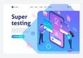 Isometric young people stand near the mobile phone screen, testing the program and mobile application. Template landing page