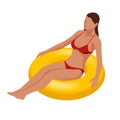 Isometric young woman on air mattress in the big swimming pool. Summer holiday idyllic. Enjoying suntan. Vacation