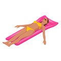 Isometric young woman on air mattress in the big swimming pool. Summer holiday idyllic. Enjoying suntan. Vacation